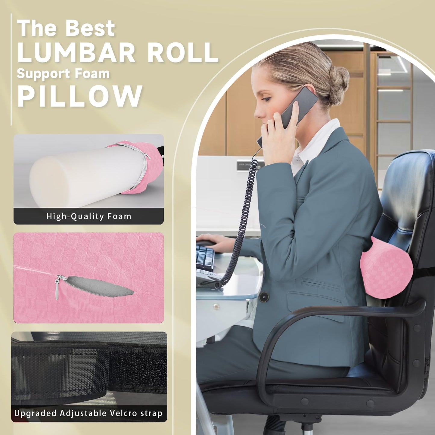 Lumbar Roll Pillow for Lower Back, Lumbar Support Foam Roll Cushion with Pillowcase and Upgraded Strap for Office, Chair, Car, Seat Pain Relief & Improving Posture (Light Pink, Long-15 * 4.3'')