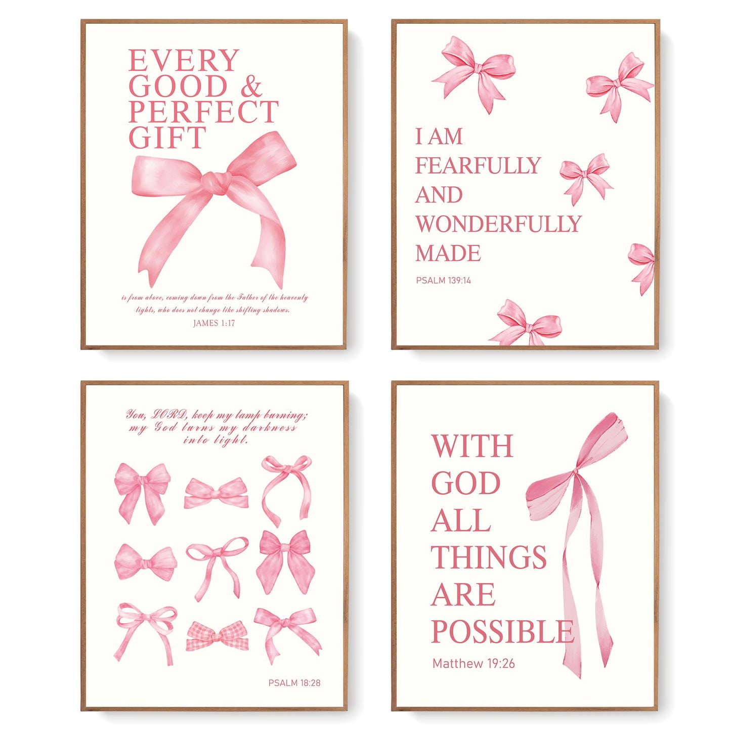 LARTSFRO Coquette Pink Bow Wall Art Decor Posters, Pink Bow Christian Room Bedroom Bathroom Dorm Wall Art Decor Aesthetic for College Teen Girls Gifts, Inspirational Bible Verses Bow Wall Decor, 10x8 Inch Set of 4 Pcs Bow Pictures (UNFRAMED)