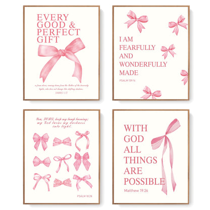 LARTSFRO Coquette Pink Bow Wall Art Decor Posters, Pink Bow Christian Room Bedroom Bathroom Dorm Wall Art Decor Aesthetic for College Teen Girls Gifts, Inspirational Bible Verses Bow Wall Decor, 10x8 Inch Set of 4 Pcs Bow Pictures (UNFRAMED)
