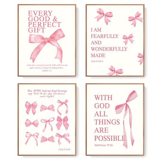 LARTSFRO Coquette Pink Bow Wall Art Decor Posters, Pink Bow Christian Room Bedroom Bathroom Dorm Wall Art Decor Aesthetic for College Teen Girls Gifts, Inspirational Bible Verses Bow Wall Decor, 10x8 Inch Set of 4 Pcs Bow Pictures (UNFRAMED)