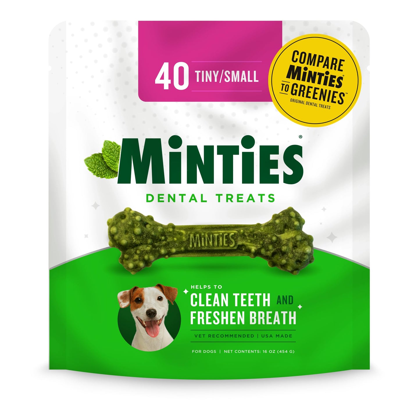 Minties Dental Chews for Dogs, 40 Count, Vet-Recommended Mint-Flavored Treats for Tiny/Small Dogs 5-24 lbs, Dental Bones Clean Teeth, Fight Bad Breath, and Removes Plaque and Tartar