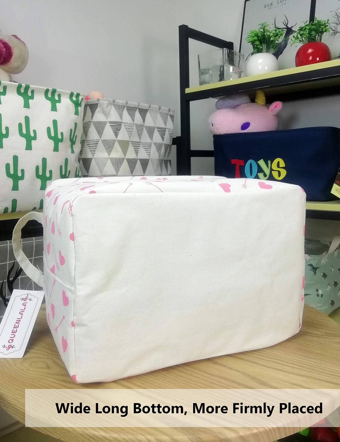 QUEENLALA Rectangular Laundry Hamper/Foldable Nursery Laundry Basket for Organizing/Storage Bin Baskets/Children Toy Office Bedroom/Toy Bin Closet Shelf Baskets（Rec-Pink-Heart Arrow）