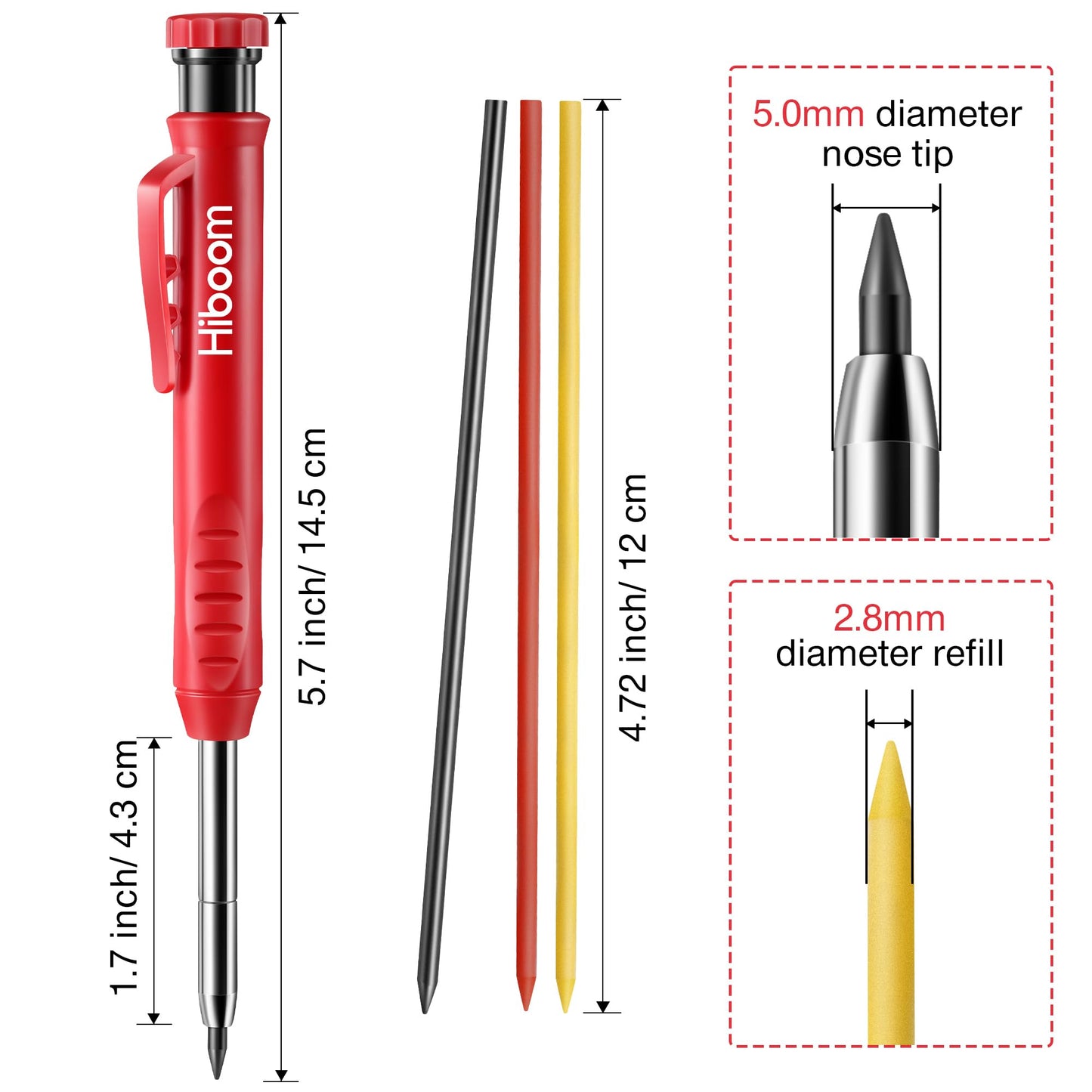 Hiboom 2 Pack Solid Carpenter Pencil with 14 Refill, Long Nosed Deep Hole Mechanical Pencil Marker with Built-in Sharpener for Carpenter Woodworking Architect with Design Patent (Black, Red)