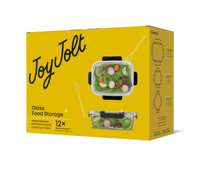 JoyJolt 24pc Borosilicate Glass Storage Containers with Lids | 12 Airtight/Freezer Safe Food Storage Containers for Pantry and Kitchen | Meal Prep Container for Lunch | Glass Tupperware Set