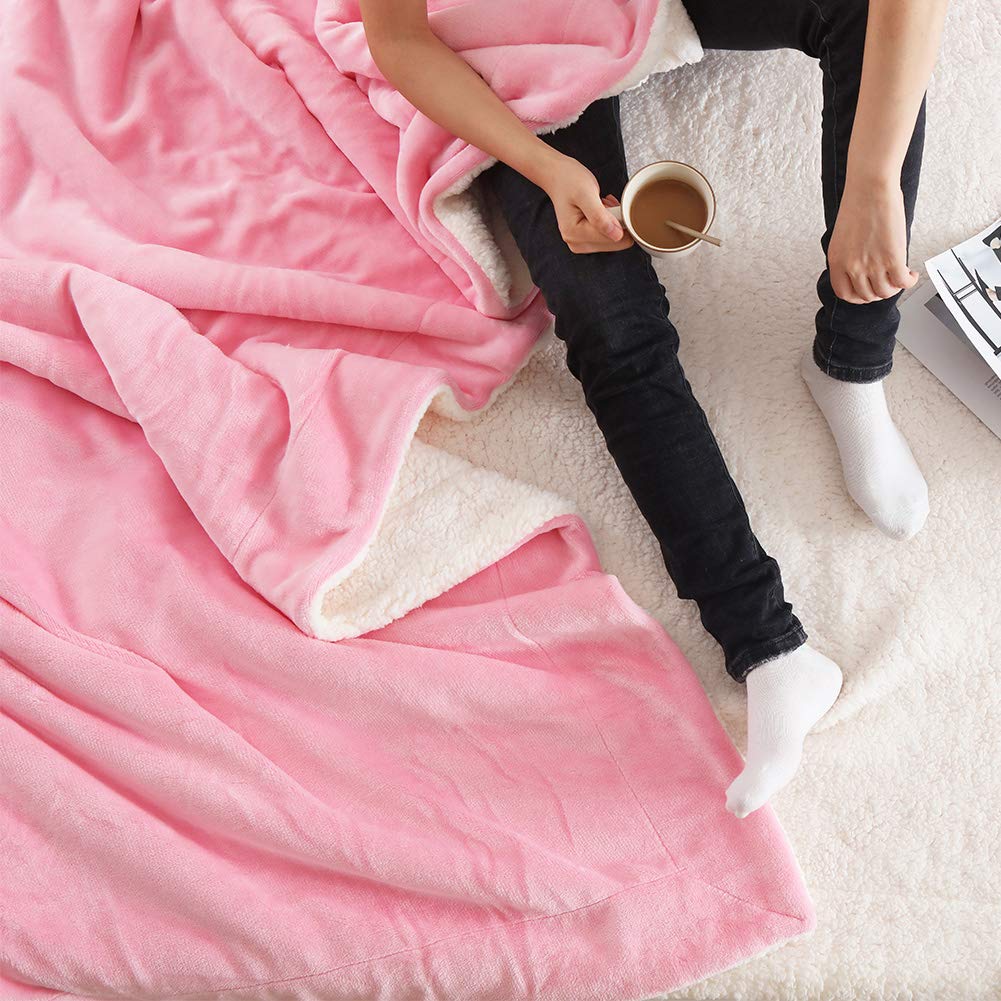 NANPIPER Flannel Blanket Reversible Sherpa Throw Blanket Super Soft Fuzzy Plush Fleece (90"x90",Pink) Queen