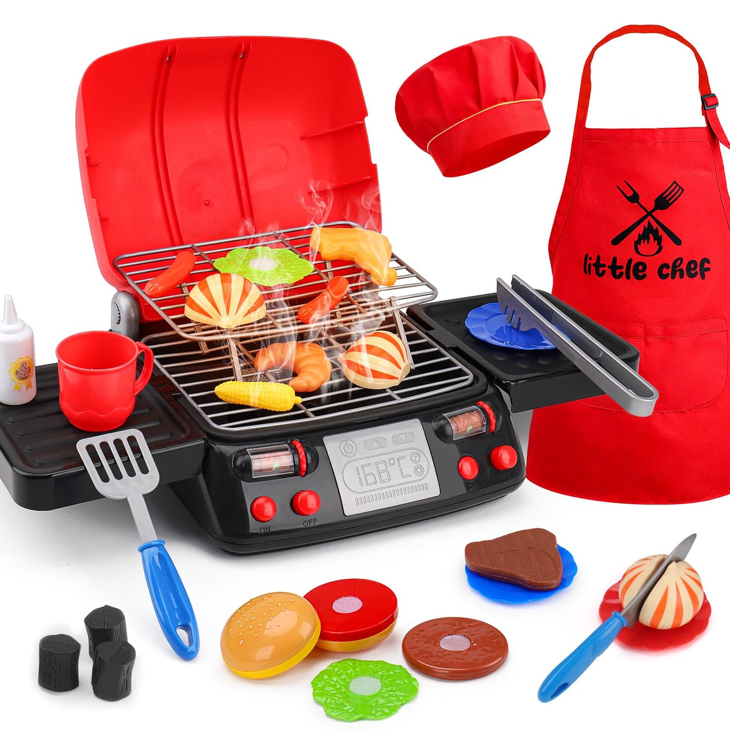 Kids Grill Playset Kitchen Toys with Apron Hat for Cooking Food Smoke Light Outdoor Pretend Play Accessories BBQ Outside Camping Barbecue Toddler Boy Toy 2 3 4 5 Year Old 4-8 Birthday Gift Valentine