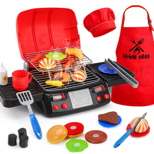 Kids Grill Playset Kitchen Toys with Apron Hat for Cooking Food Smoke Light Outdoor Pretend Play Accessories BBQ Outside Camping Barbecue Toddler Boy Toy 2 3 4 5 Year Old 4-8 Birthday Gift Valentine