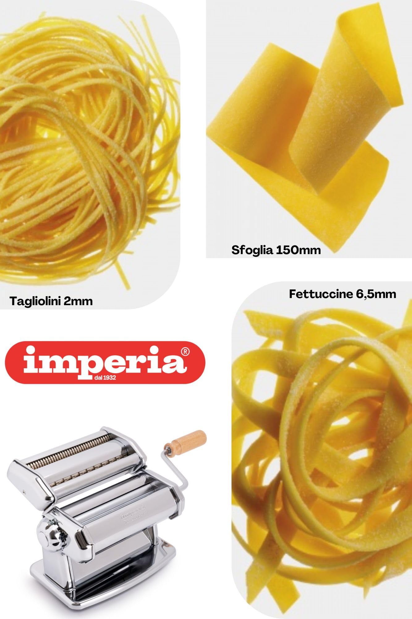 Imperia Pasta Maker Machine- 100% Made in Italy, Heavy Duty Steel Construction, Easy Lock Dial, Wood Grip Handle & Cleaning Brush- Fresh Homemade Italian Spaghetti Fettuccine or Lasagna (Classic Line)