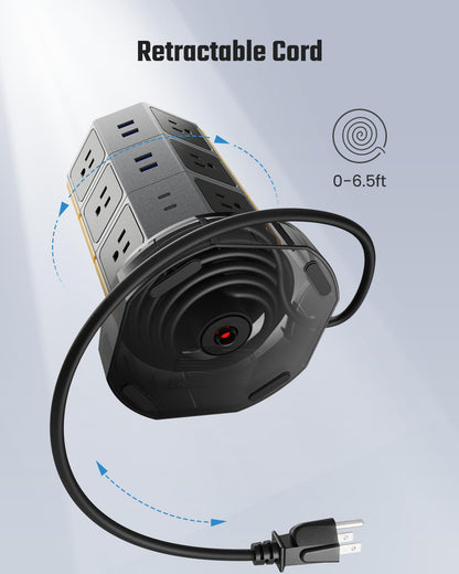 Power Strip Tower, SUPERDANNY Surge Protector Tower with 15W Wireless Charger, 1050J, 13A Charging Station with 12 AC Outlets & 6 USB Ports (2 USB C), 6.5ft Extension Cord for Home Office Dorm, Gold