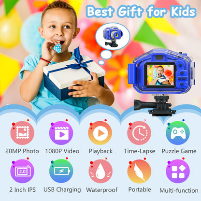 Agoigo Kids Waterproof Camera - Children Underwater HD Video Digital Camcorder, Portable Travel Toy for Toddler - Ideal Christmas Birthday Gifts for Boys Girls Age 3-12 with 32GB Card (Dark Blue)