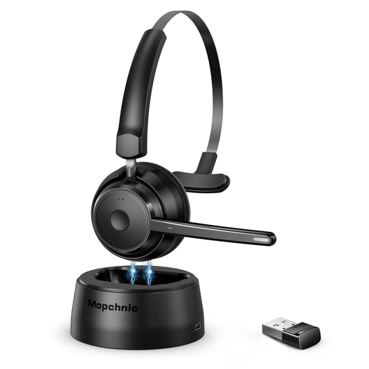 Mopchnic Bluetooth Headset, Wireless Headphone with AI Noise-Canceling Microphone for Computer, On Ear Bluetooth Headset with USB Dongle for Office Call Center Skype Zoom Meeting Online Class (Black)