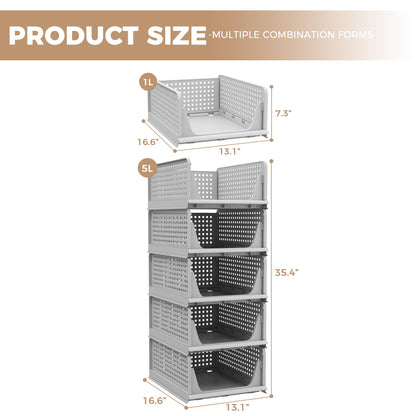 Pinkpum 5 Pack Folding Closet Organizers Storage Box, Stackable Plastic Drawer Basket for Clothing, Stackable Storage Bins Shelf Storage Container for Closet Wardrobe Bedroom Bathroom Office (Grey)
