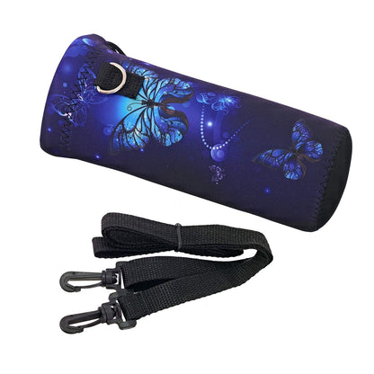 RICHEN Neoprene Water Bottle Carrier Bag with Adjustable Shoulder Strap, Insulated for 750ml/24oz Stainless Steel/Glass/Plastic Bottles (Blue Butterflies, 750ml)