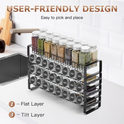 JONYJ 4 Tier Stackable Seasoning Rack Organizer, Detachable Countertop Spice Jar Rack for Cabinet, Freestanding , Black Frosted Iron Kitchen Counter Shelf