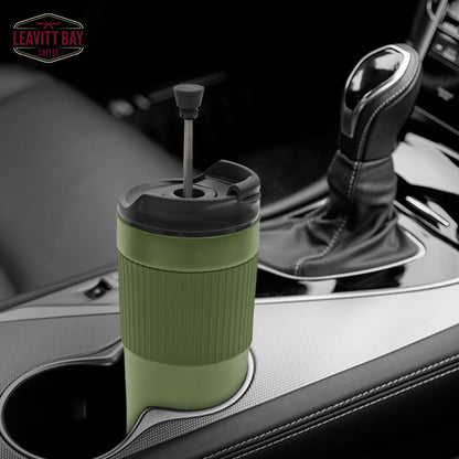 Portable French Press Travel Mug – Insulated Stainless Steel French Press Mug for Hot or Cold Brew – Durable Travel Coffee Maker – On-the-Go Tea & Coffee Maker (Army Green)