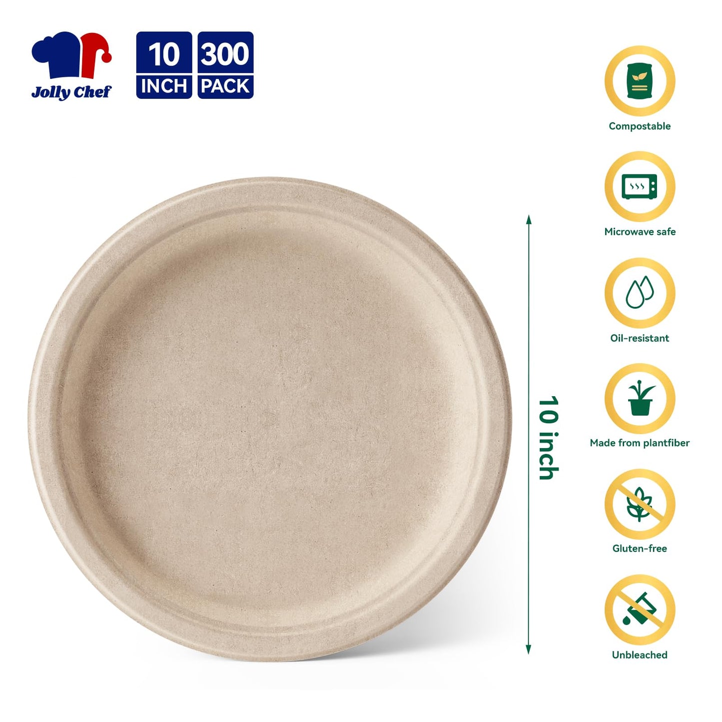 JOLLY CHEF Compostable Heavy Duty Plates 𝟭𝟬 𝗜𝗻𝗰𝗵 [𝟯𝟬𝟬 𝗣𝗮𝗰𝗸] Eco-Friendly Disposable Paper Plates Made of Bagasse Biodegradable Bulk for Party Dinner Sugarcane Fibers Round (Natural)