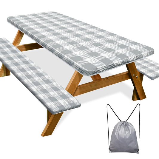 Picnic Table Cover with Bench Covers Camping Essentials Waterproof Windproof Camping Tablecloth with Drawstring Bag, Fitted Rectangle Tables and Seats, 72in, Grey Checkered