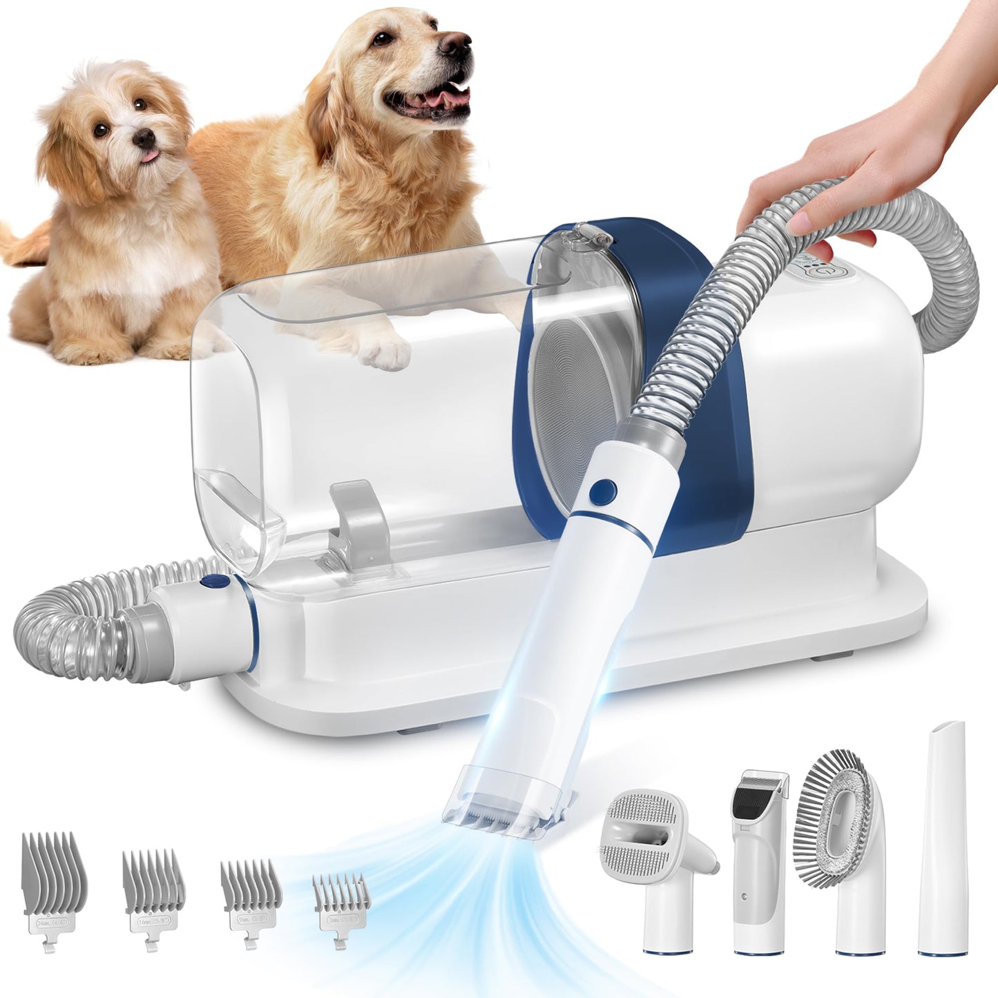 LMVVC Dog Grooming Vacuum, Pet Grooming Vacuum Kit 2.3L Suction 99% Pet Hair with 5 Tools for Dog Cat for Shedding Grooming, Low Noise (Blue & White)