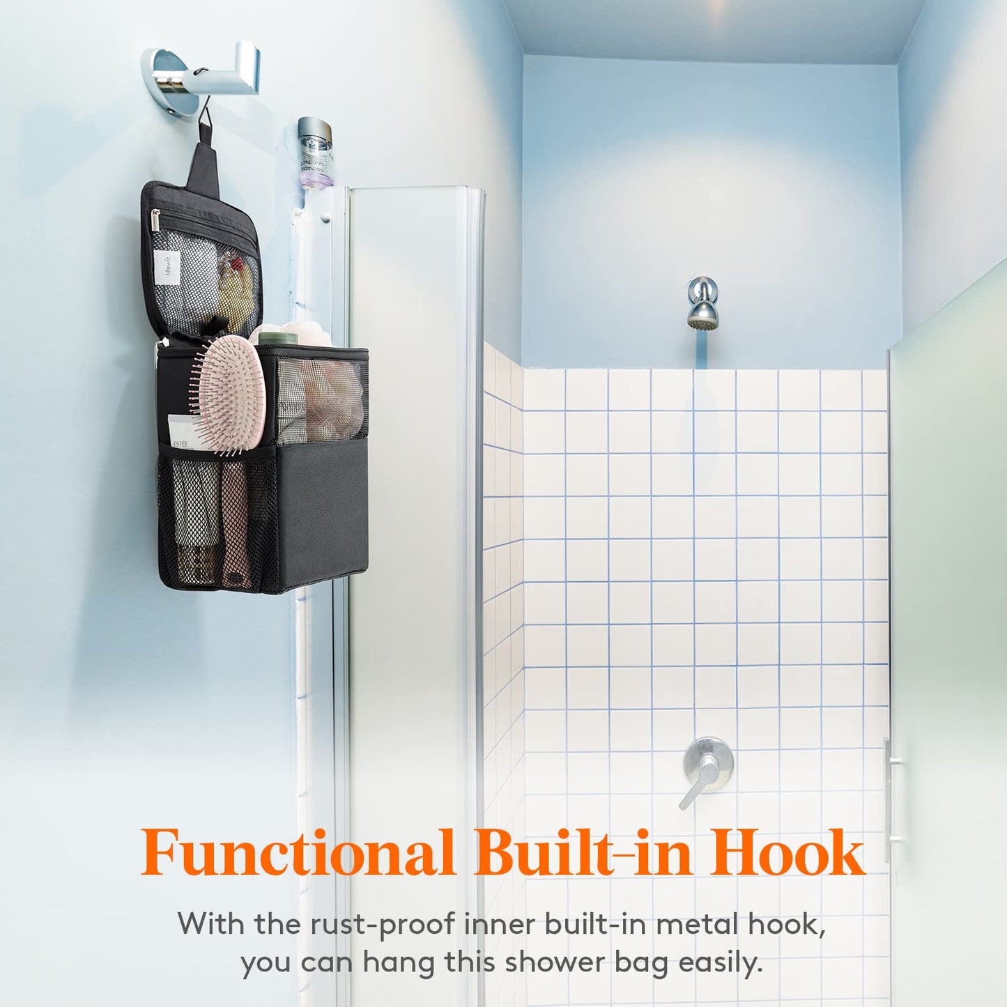 Lifewit Mesh Shower Caddy Bag Portable College Dorm Room Essentials Caddy Tote Basket for Bathroom, Gym, Travel, Camping Quick Dry Hanging Shower Organizer Toiletry Bag for Women Wen, Medium, Black