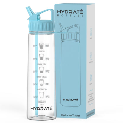 HYDRATE Water Bottles Motivational premium 30oz water bottles with straw - Daily water intake with Time Markings, BPA-Free. Leak proof Ideal for hydration at office, gym (Sky Blue)