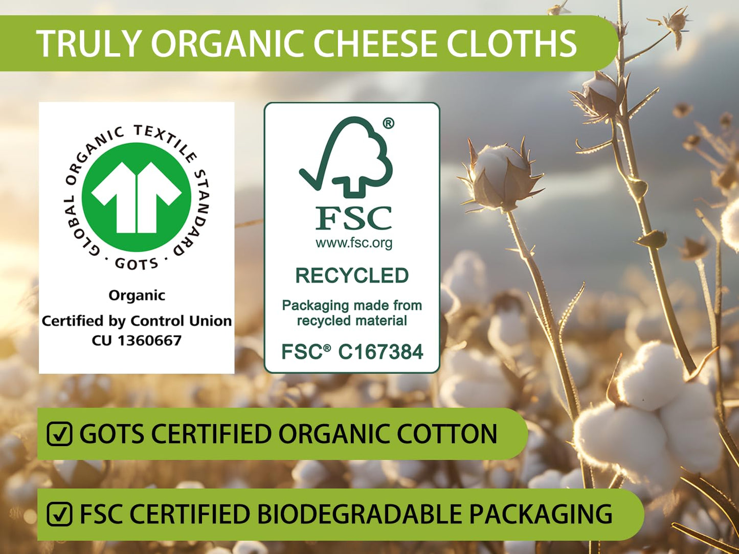 Organic Cheese Cloths, GOTS Certified, 2PCS, Grade 100, 20x20Inch Hemmed Cheese Cloth Reusable Muslin Cheesecloth for Straining, 100% Cotton Unbleached Fine Mesh Cloth Cheese Cloths for Cooking, Herbs