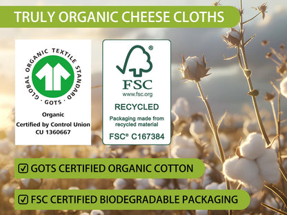 Organic Cheese Cloths, GOTS Certified, 2PCS, Grade 100, 20x20Inch Hemmed Cheese Cloth Reusable Muslin Cheesecloth for Straining, 100% Cotton Unbleached Fine Mesh Cloth Cheese Cloths for Cooking, Herbs