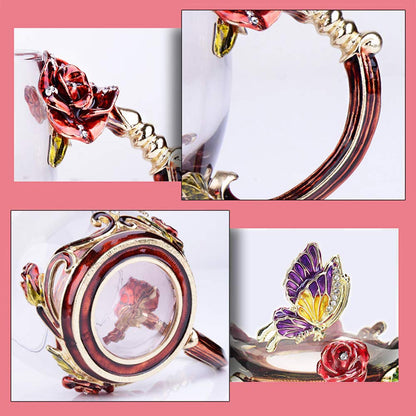 Kaiyuan Dynasty Tea Cup Glass Coffee Mugs Enamel Rose Flower Butterfly Drinking Cups with Spoon Set for Birthday Wedding Red Rose Tall Mug 12oz