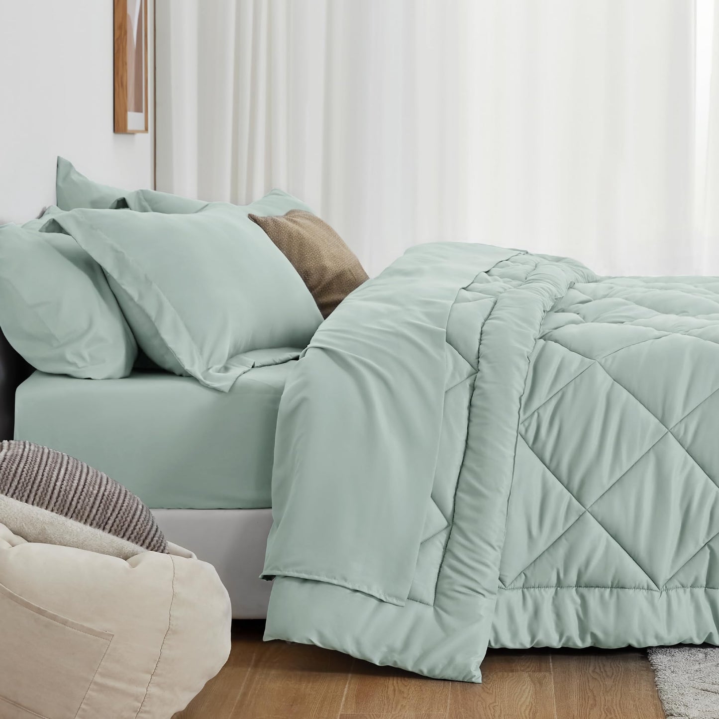 Love's cabin Twin Comforter Set Aqua, 5 Pieces Twin Bed in a Bag, All Season Bedding Sets with 1 Comforter, 1 Flat Sheet, 1 Fitted Sheet, 1 Pillowcase and 1 Pillow Sham