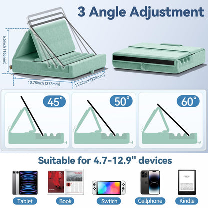 KDD Tablet Pillow Holder, Foldable iPad Stand for Lap, Bed and Desk -Tablet Soft Pad Dock with Pocket & Stylus Mount Compatible with iPad Pro 12.9, 10.5, 9.7 Air Mini 6 5 4 3, E-Reader