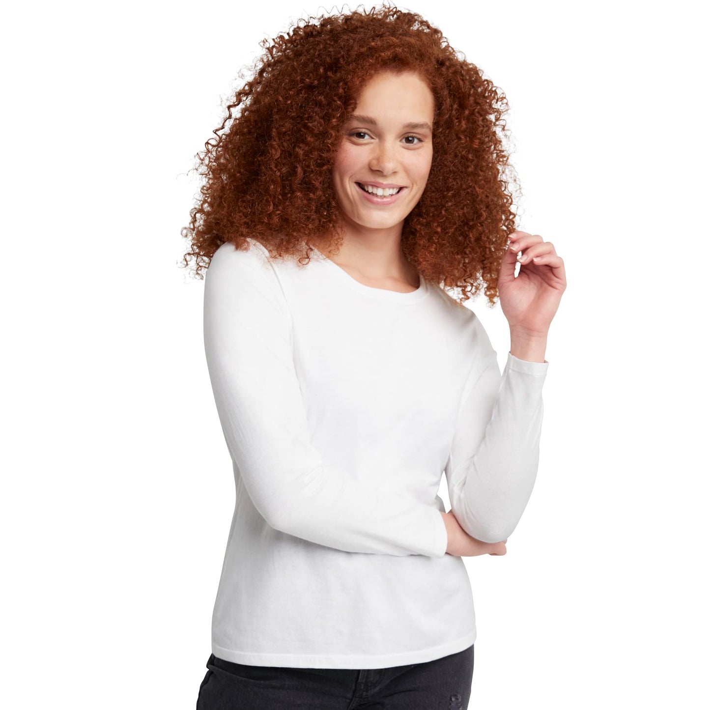 Hanes Long Sleeve Cotton T-Shirt, Lightweight Crewneck Tee for Women, Modern Fit, White, Large