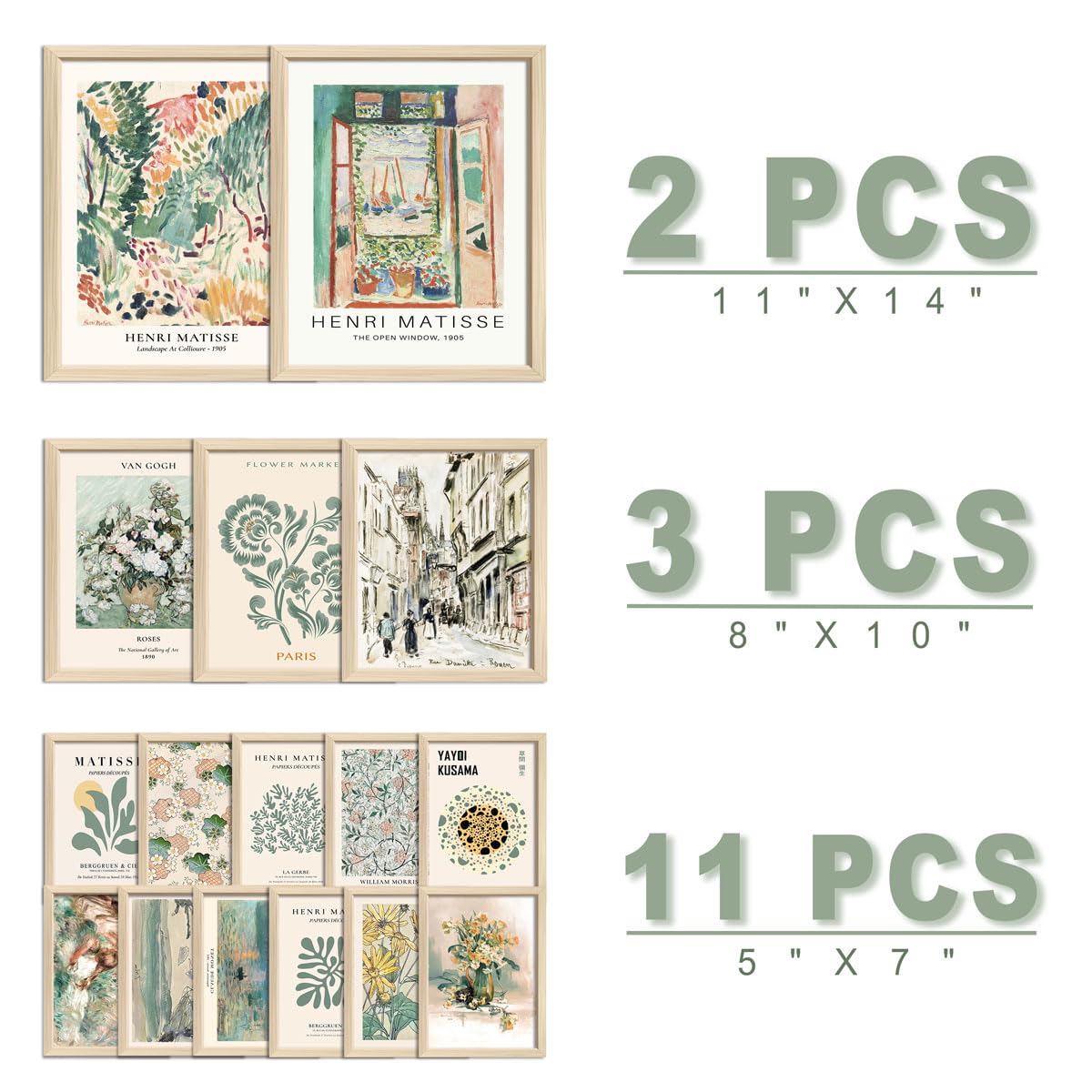 ANERZA 16 PCS Framed Sage Green Wall Art Decor, Matisse Wall Prints for Bedroom, Gallery Wall Frame Set, Abstract Posters for Living Room Aesthetic, Collage Kit Pictures, Boho Dorm Home Decor