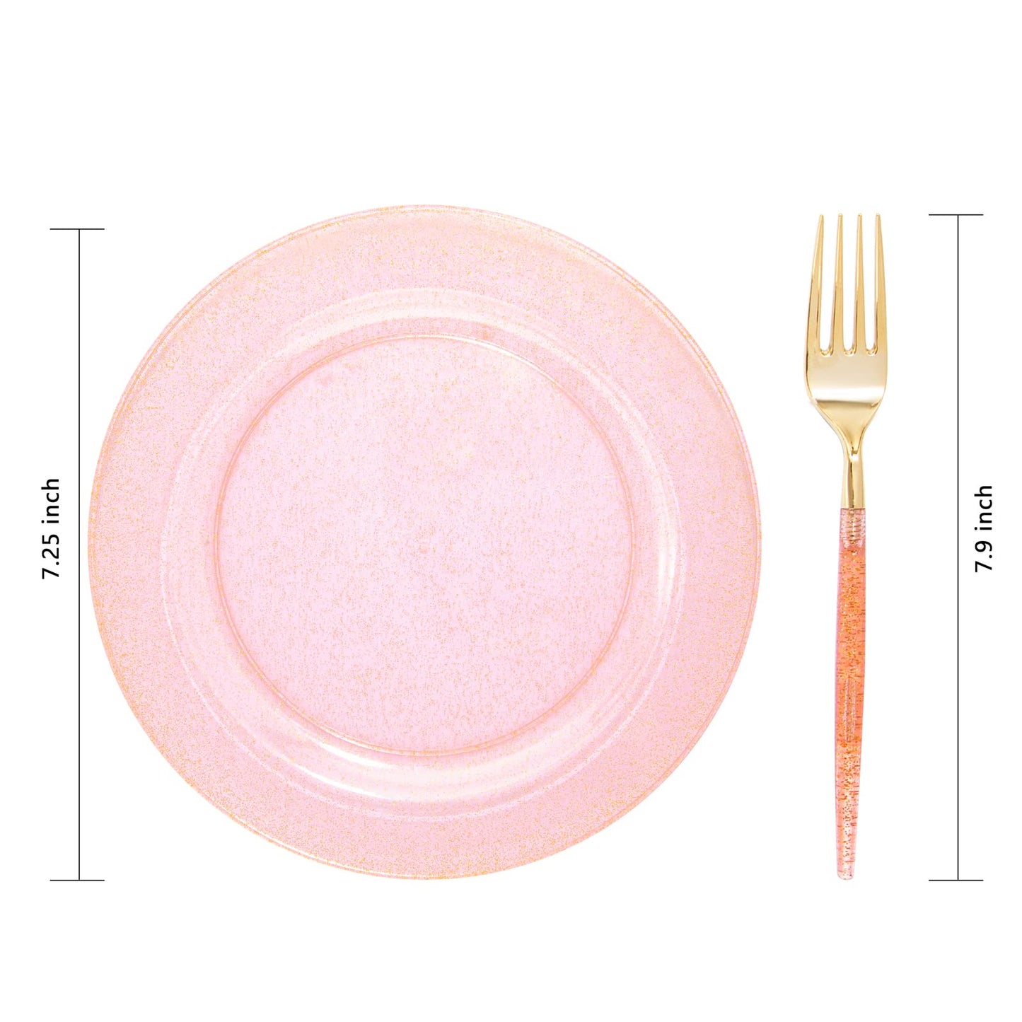 LIYH 96 Pcs Gold Glitter Plastic Dessert Plates 7.5 Inch, Plastic Fancy Cake Plates and Forks, Disposable Salad Plate, Dessert Forks 7.5 Inch for Birthday Bridal Shower 48 Guests