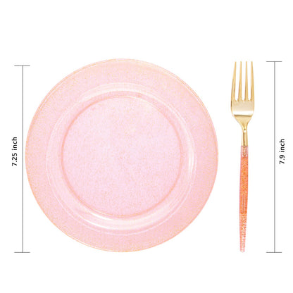 LIYH 96 Pcs Gold Glitter Plastic Dessert Plates 7.5 Inch, Plastic Fancy Cake Plates and Forks, Disposable Salad Plate, Dessert Forks 7.5 Inch for Birthday Bridal Shower 48 Guests