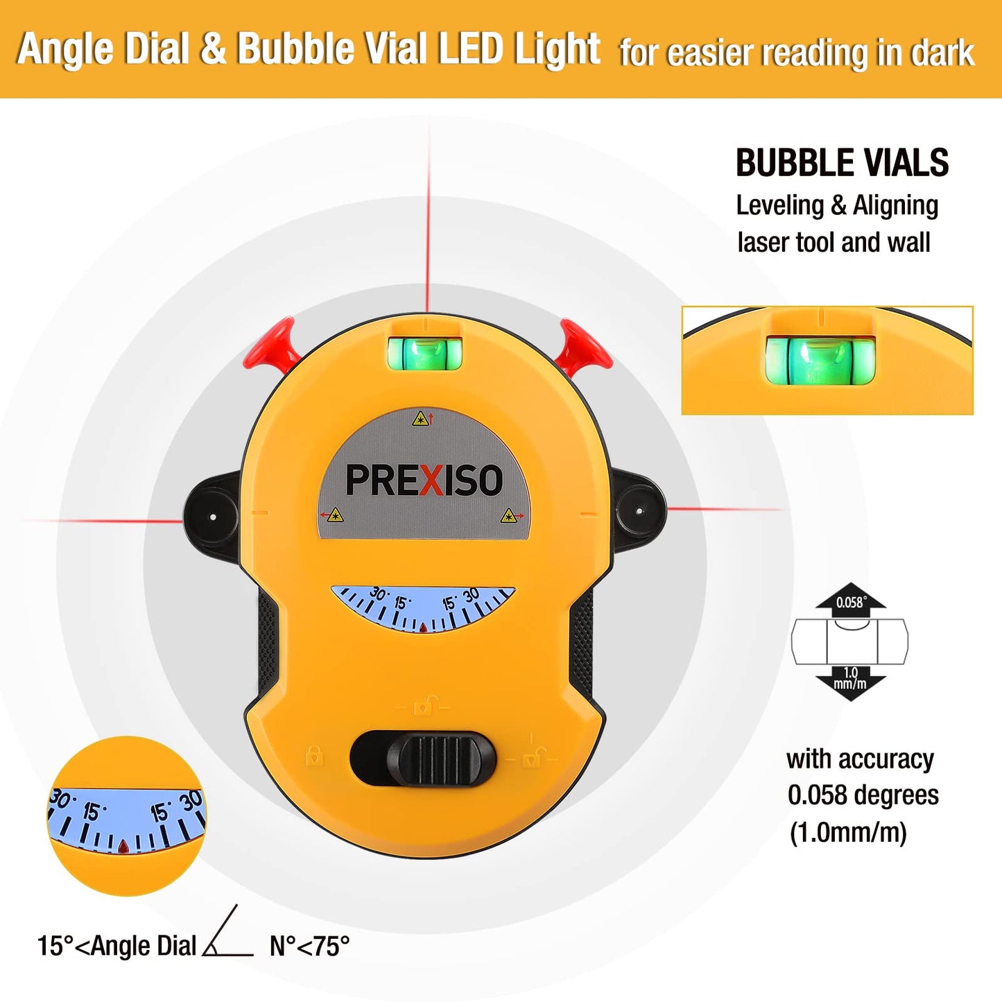 PREXISO Multi Surface Laser Level LED Light Vial, 30Ft Horizontal & Vertical Line Laser with Wall Mount Base, 2 Pins, 10 Sticker, 2 AA Batteries for Hanging Frames & Picture, Construction Wall Writing