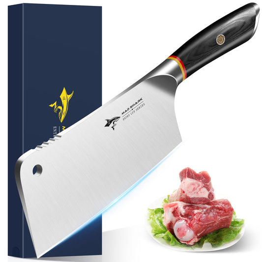 MAD SHARK Meat Cleaver, Professional 7.5 Inch Bone Chopping Butcher Knife with Heavy Duty Blade, German Military Grade Composite Steel, Chinese Chef's Bone Cutting Knife for Home Kitchen & Restaurant