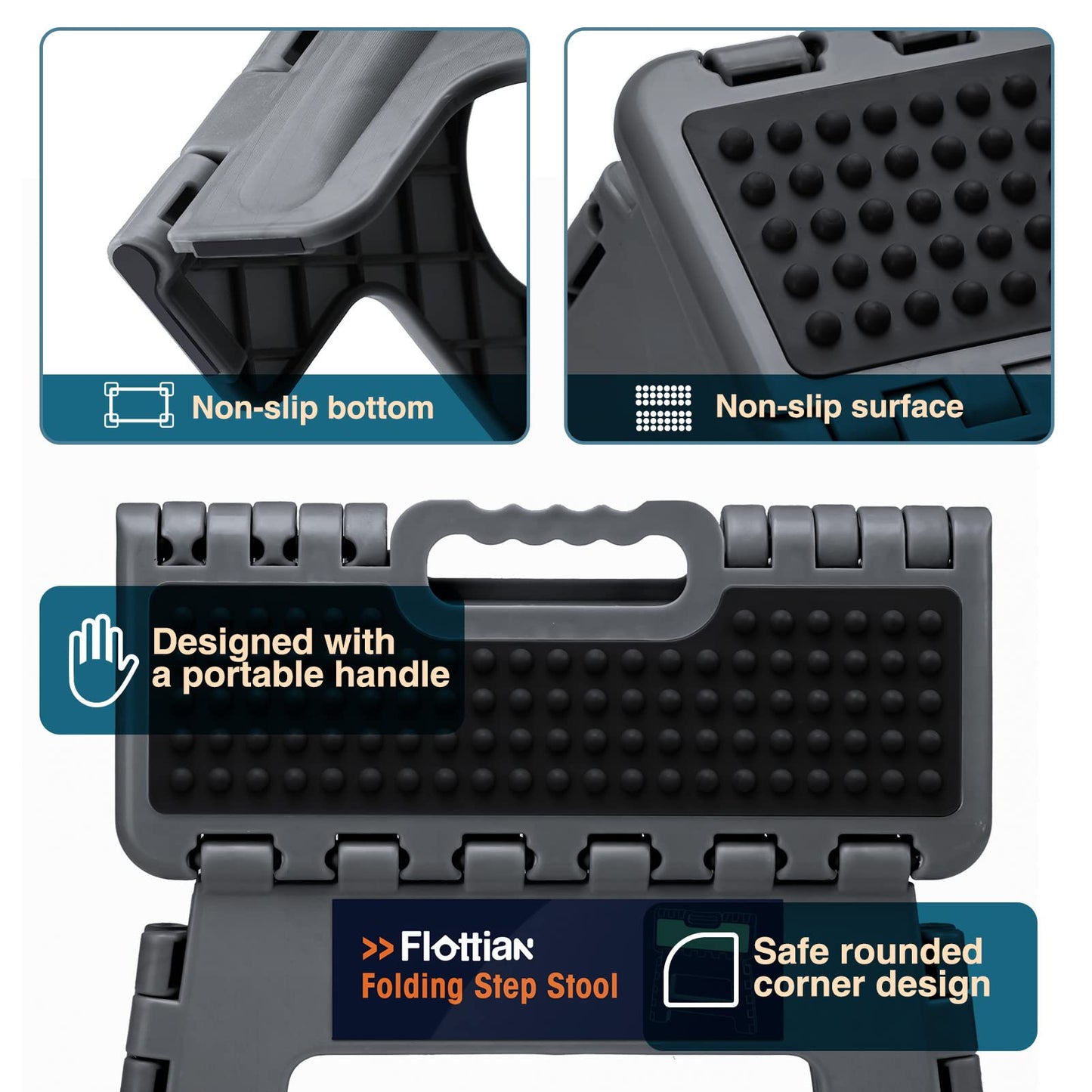 Flottian 16" Folding Step Stool for Adults and Kids Holds Up to 300 lbs,Non-Slip Folding Stools with Handle, Compact Plastic Foldable Step Stool for Bathroom,Bedroom, Kitchen, Gray,1PC