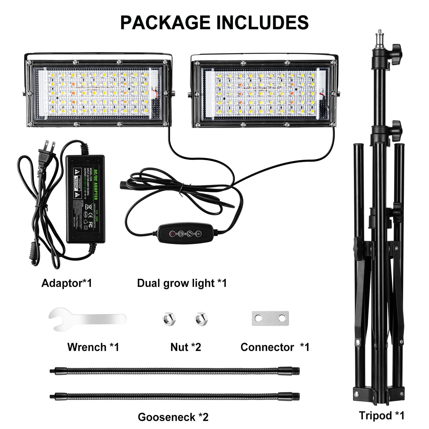 LBW Grow Light for Indoor Plants, Dual Heads Full Spectrum LED, Auto On/Off Timer, 6 Dimmable Levels, 3 Switch Modes, Adjustable Tripod Stand 15-63 inches