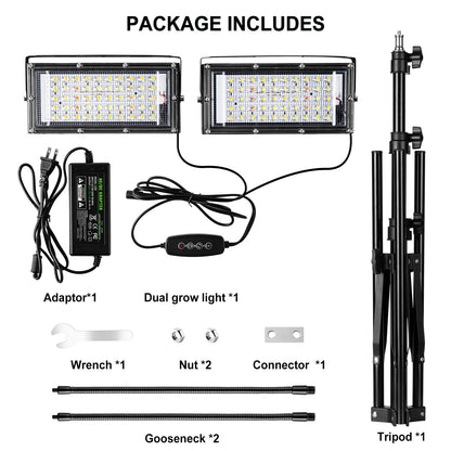 LBW Grow Light for Indoor Plants, Dual Heads Full Spectrum LED, Auto On/Off Timer, 6 Dimmable Levels, 3 Switch Modes, Adjustable Tripod Stand 15-63 inches