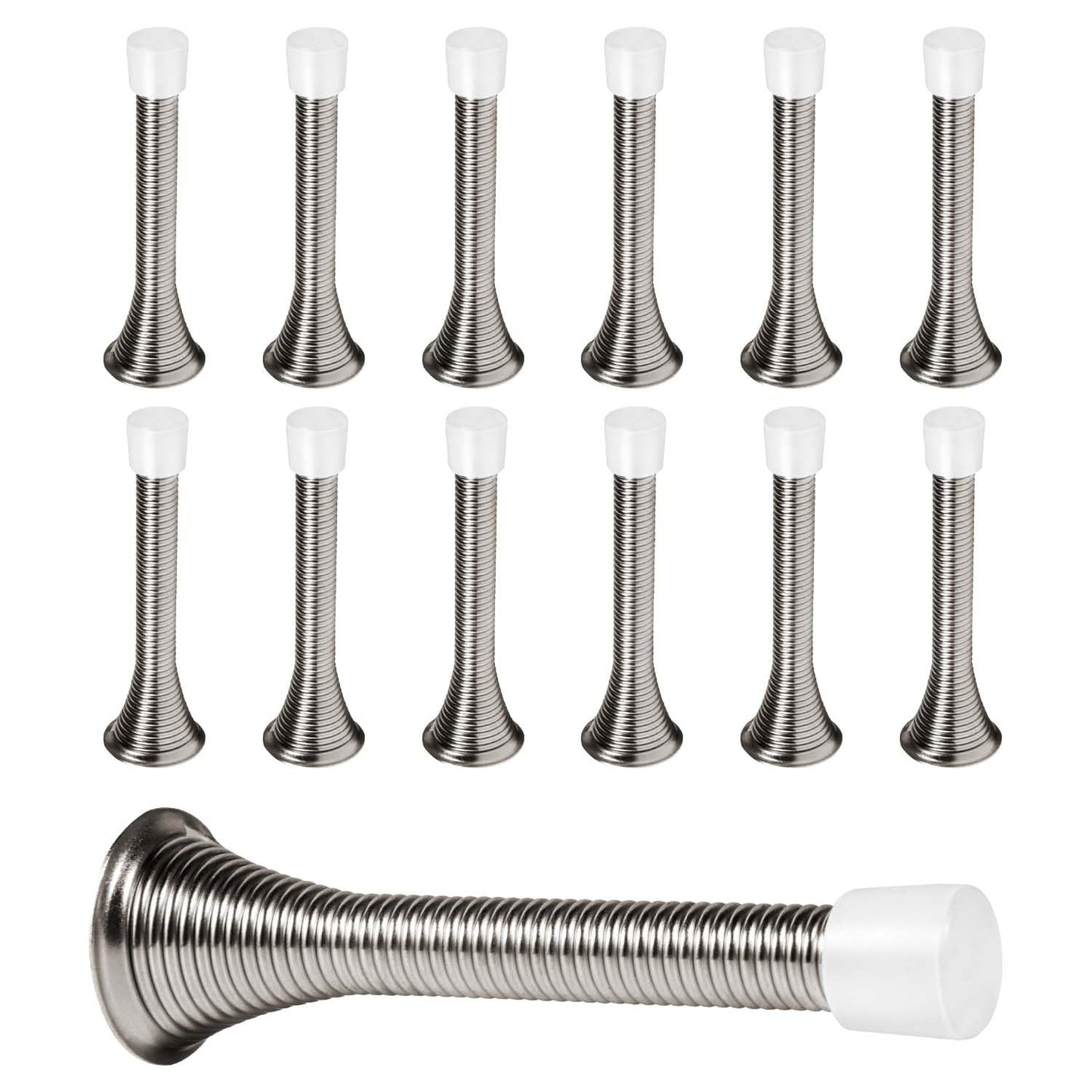 KISEER 12 Pack Spring Door Stops 3 1/4 Inch Flexible Heavy Duty Spring Door Stopper with RustProof Screw Rubber Bumper Tips (Satin Nickel)