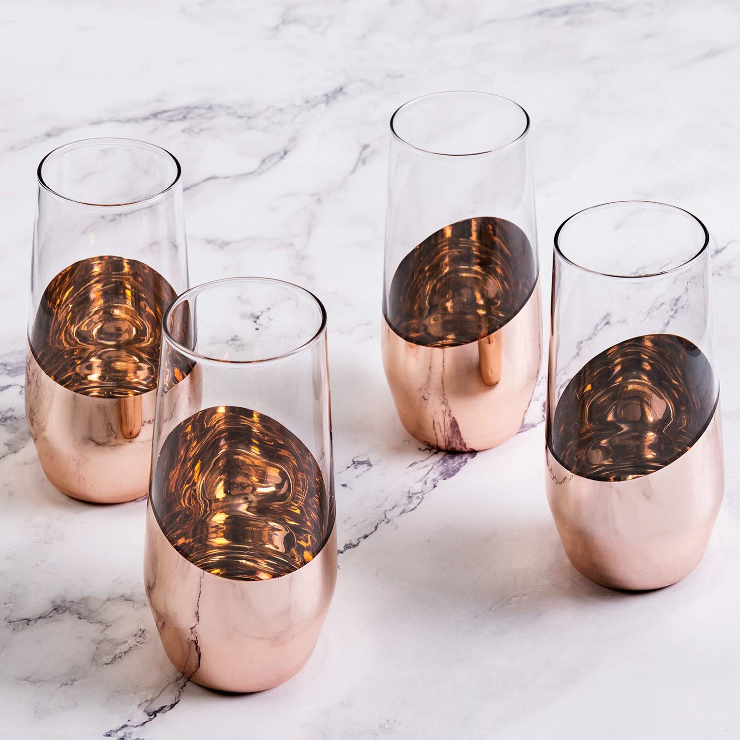 MyGift Modern Champagne Flutes, 11 oz Tilted Design Copper Stemless Champagne Flute Glasses, Set of 4
