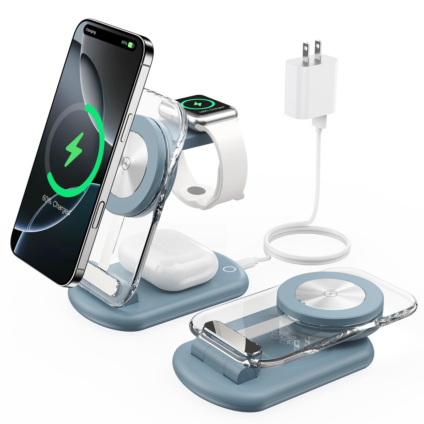 3 in 1 Magnetic Wireless Charging Station for Apple Devices, Fast Foldable Travel Mag-Safe Charger Stand with Night Light for iPhone 16 15 14 13 12 Series, Apple Watch/AirPods Pro,LB