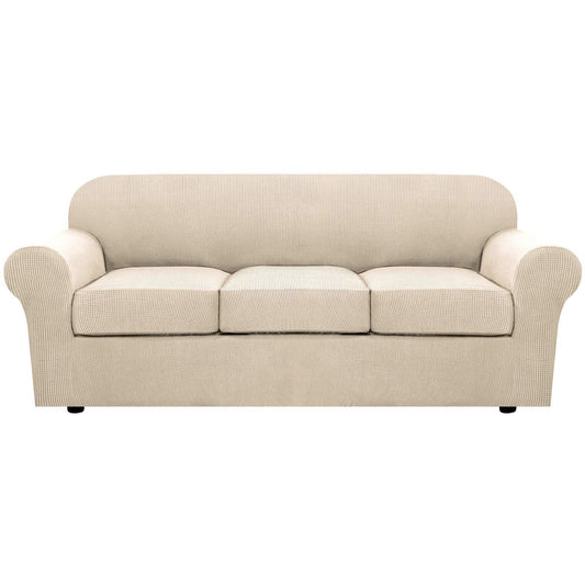 H.VERSAILTEX 4 Piece Stretch Couch Covers for 3 Cushion Couch Sofa Furniture Slipcovers Feature Upgraded Thicker Jacquard Fabric (Sofa, Natural)