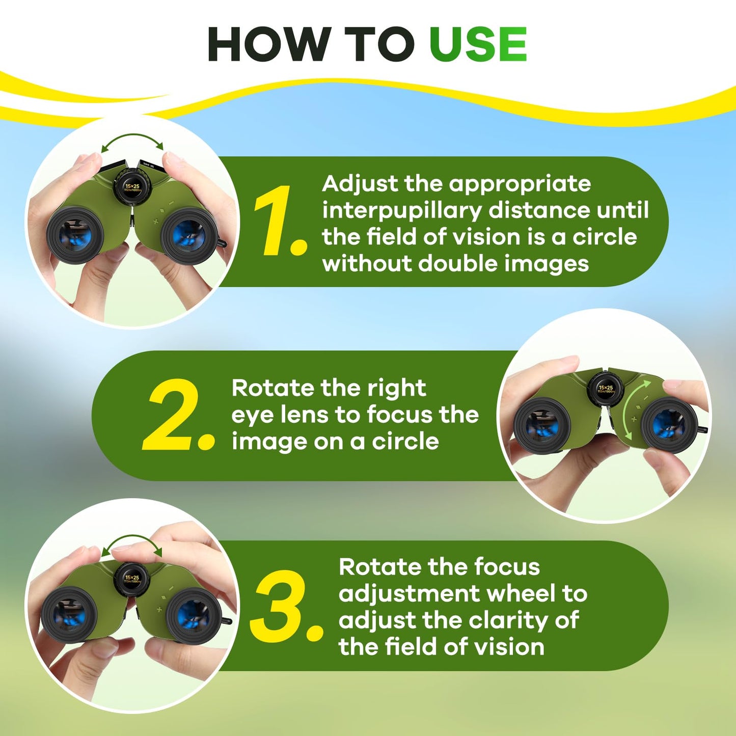 High Powered 15x25 Compact Binoculars for Adults&Kids with BAK4 Prism,FMC Lens,Waterproof Binocular with Low Light Vision,Small Binoculars for Cruise Ship/Theater/Travel/Sightseeing (Green)