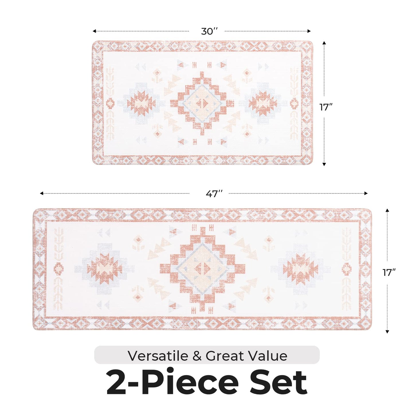 FRESHMINT Anti Fatigue Kitchen Mats for Floor 2 Piece Set, Waterproof & Non-Skid Boho Kitchen Rugs, Cushioned Kitchen Mat for Standing Washable Comfort Desk Kitchen Runners, 17x30+17x47
