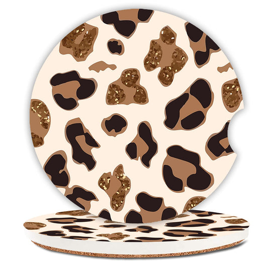 Absorbent Car Coasters 2 Pack for Women,Fashion Luxury Design Car Coaster for Drinks,Ceramic Stone Car Cup Holder with A Finger Notch,Rose Gold Leopard