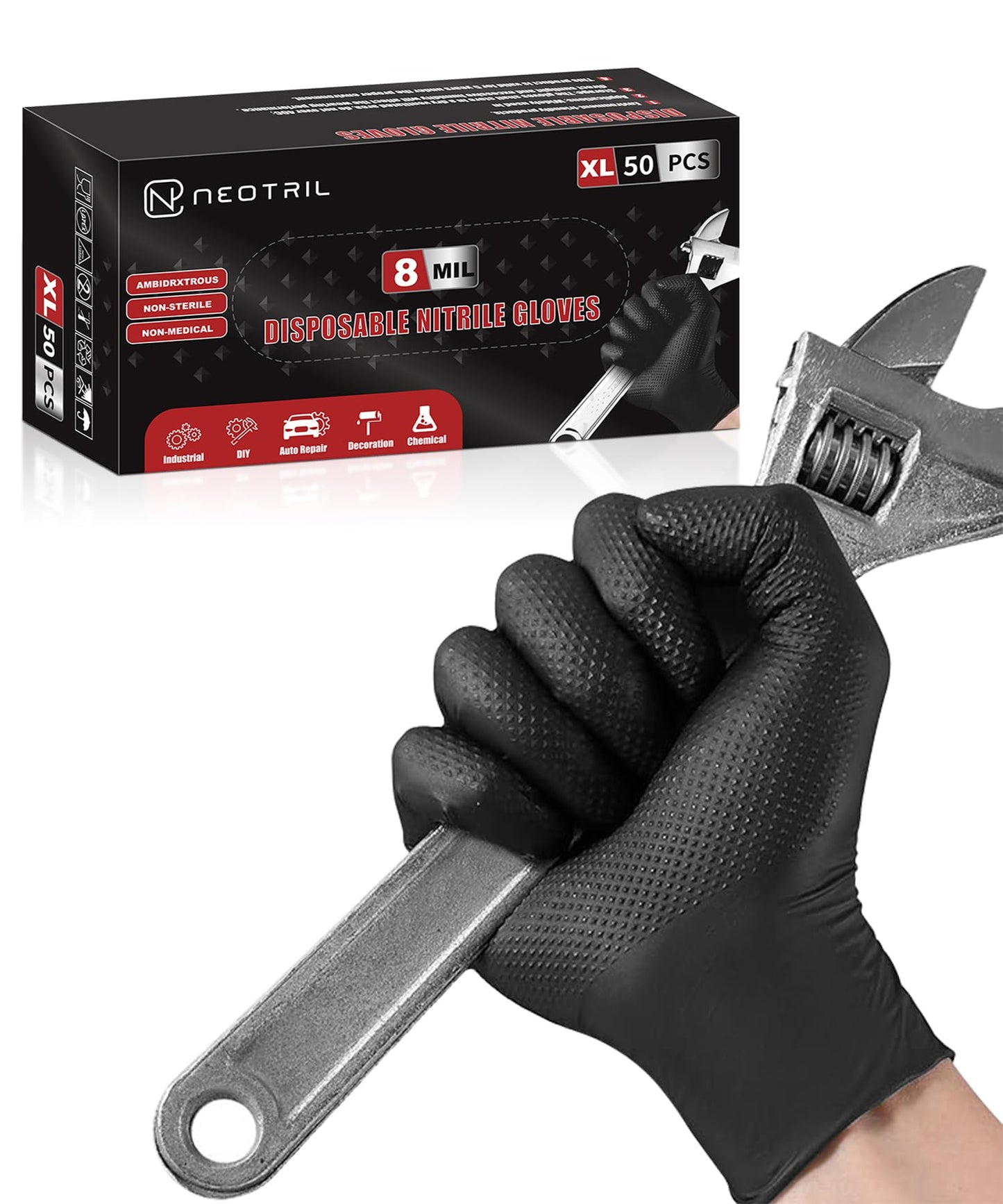 NEOTRIL 8 Mil Heavy Duty Disposable Nitrile Gloves with Raised Diamond Texture Grip Rubber Gloves, Latex & Powder Free Mechanic Glove for Household Cleaning, Black | 50 Pcs