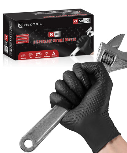 NEOTRIL 8 Mil Heavy Duty Disposable Nitrile Gloves with Raised Diamond Texture Grip Rubber Gloves, Latex & Powder Free Mechanic Glove for Household Cleaning, Black | 50 Pcs