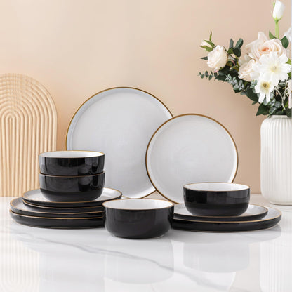AmorArc Dinnerware Set - 12 Piece Ceramic Plates and Bowls, Stoneware Plates Handpainted, Dishwasher & Microwave Safe (Speckled Black & White, Service for 4)