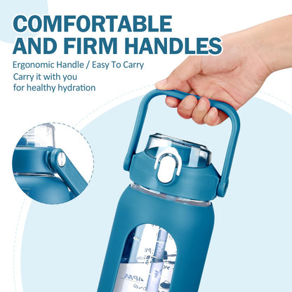 kytffu 56oz Glass Water Bottles with Straw, Motivational Glass Bottle with Silicone Sleeve and Time Marker, Leakproof Large Glass Water Jug for Gym Home Office,Iron Blue