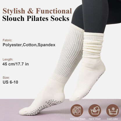 Grip Pilates Socks for Women, Yoga Slouch Socks with Grip for Barre Workout Hospital Long Scrunch Slipper Socks